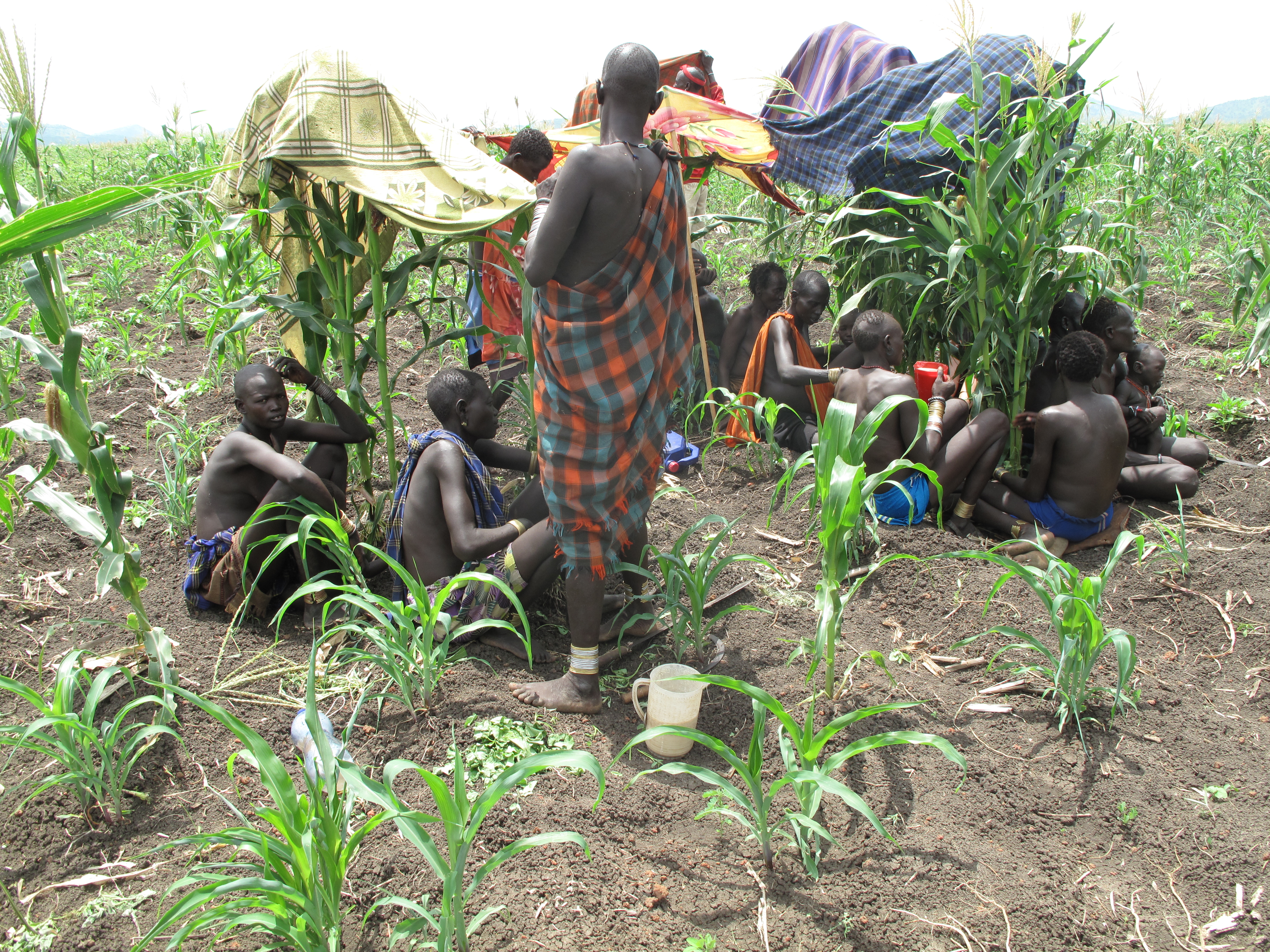 Bodi people resting under the shade during a work-party in the new treeless plots allocated to them by the Ethiopian Sugar Corporation